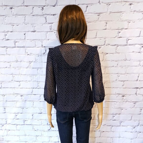 PINS & NEEDLES, Beautiful Boho navy blue polka dot print sheer blouse - Picture 6 of 6